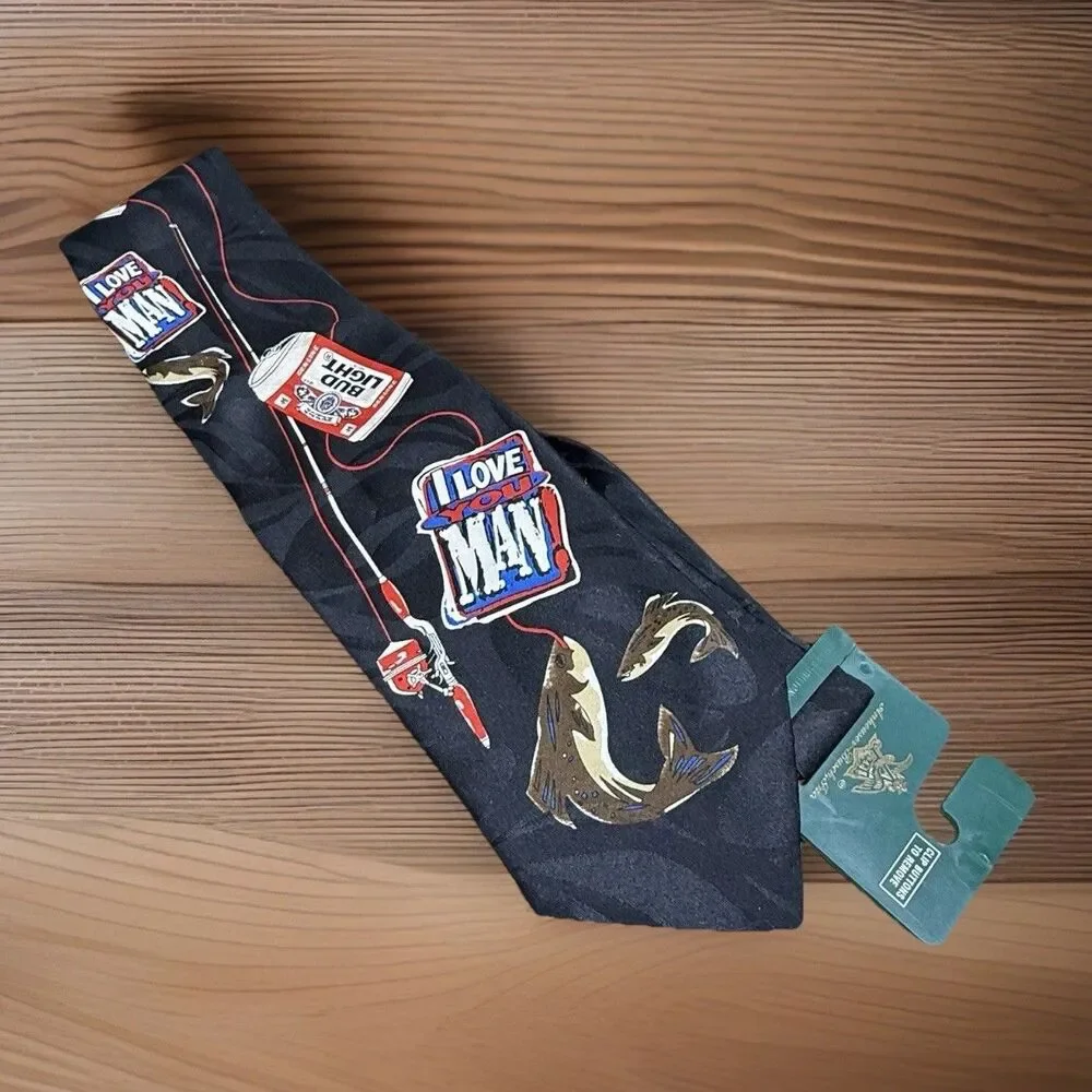 I Love You Man Bud Light Beer 1996 Vintage Neck Tie USA Black Fishing Pole New